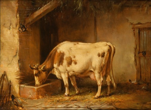 Stalinterieur met roodbonte koe bij de drinkbak