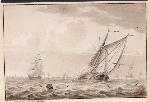 Cornelis de Grient - Zeegezicht met tjalk en fregat.