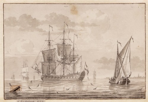 Cornelis de Grient - Pentekening. Zeegezicht met tjalk en fregat.