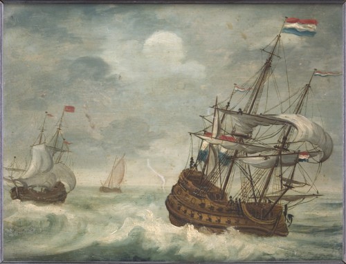 Anonymus - Schilderij. Zeegezicht met fregatten en een beurtschip.