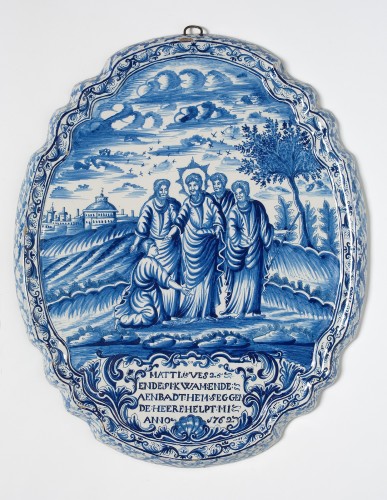 Plaat met decor van Bijbelse voorstelling in blauw