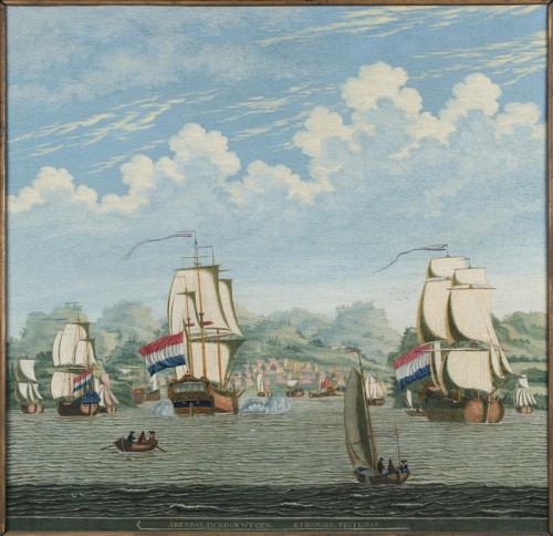 Dirk Danser - Schilderij. Gezicht op bootschepen in de haven van Arendal.