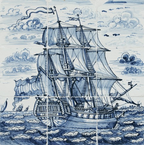 Tegeltableau met afbeelding van het fregat Prins Willem.