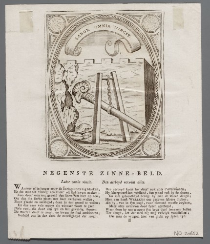 Ornamentprent. Embleem. Idea principis christiano-politici. Labor omnia vincit.