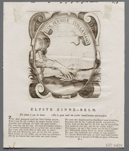 Ornamentprent. Embleem. Idea principis christiano-politici. Col senno e con la mano.