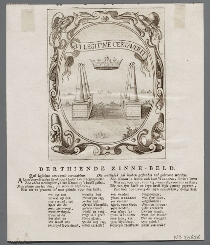 Ornamentprent. Embleem. Idea principis christiano-politici. Qui legitime certaverit.