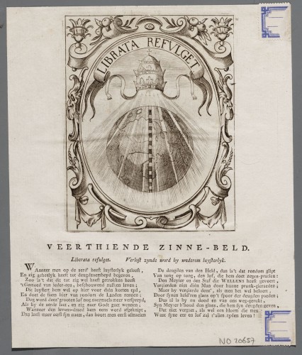 Ornamentprent. Embleem. Idea principis christiano-politici. Librata refulget.