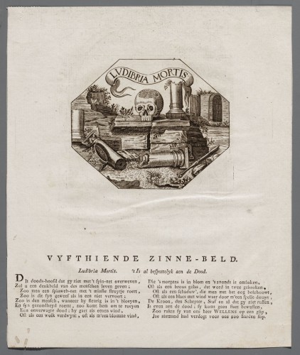 Ornamentprent. Embleem. Idea principis christiano-politici. Ludibria mortis.