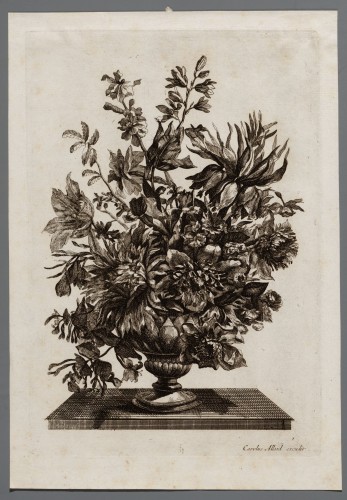 Ornamentprent. Bloemstuk in een vaas.