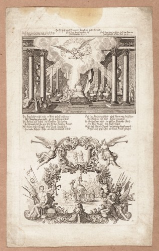 Ornamentprent. Die h. h. Engel Frommer Jüngling güte Freünde.