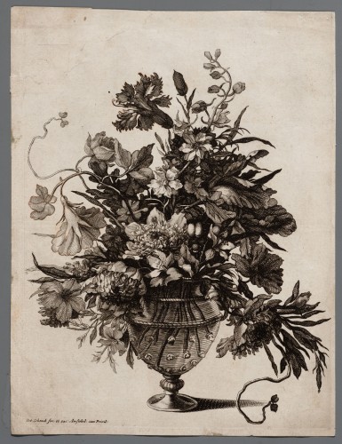 Ornamentprent. Bloemstuk in een vaas.