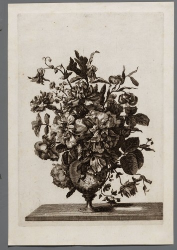 Ornamentprent. Bloemstuk in een vaas.