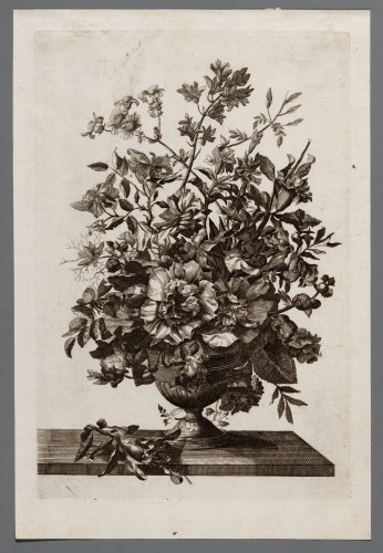 Ornamentprent. Bloemstuk in een vaas.
