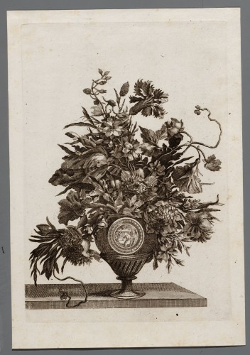 Ornamentprent. Bloemstuk in een vaas.