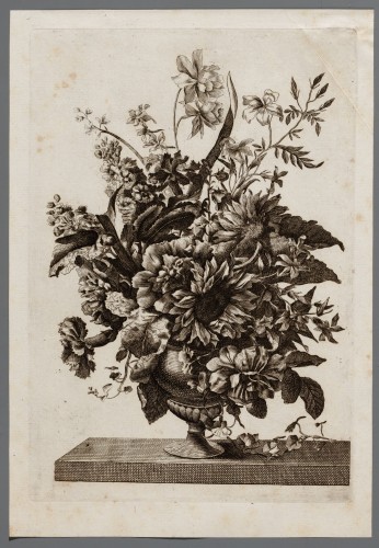 Ornamentprent. Bloemstuk in een vaas.