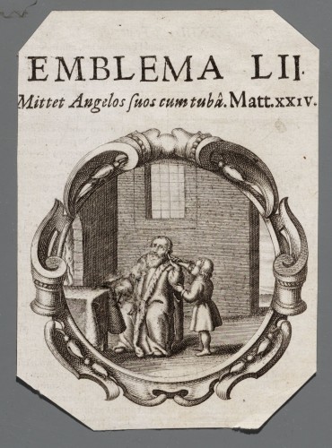 Ornamentprent. Embleem. Mittet Angelos suos cum tuba.