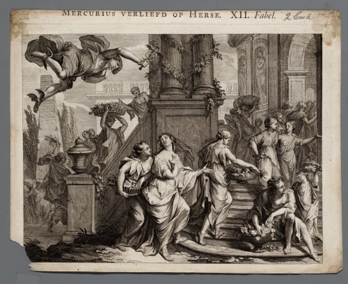 Ornamentprent. Mercurius verliefd op Herse.