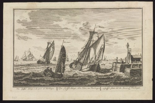 Adolf van der Laan - Kopergravure met voorstelling van zeilschepen nabij de haven van Harlingen