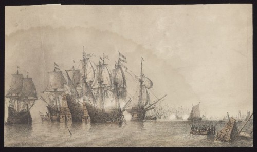 Lithografie. Slag op de Zuiderzee tegen Bossu op 11 oktober 1573.
