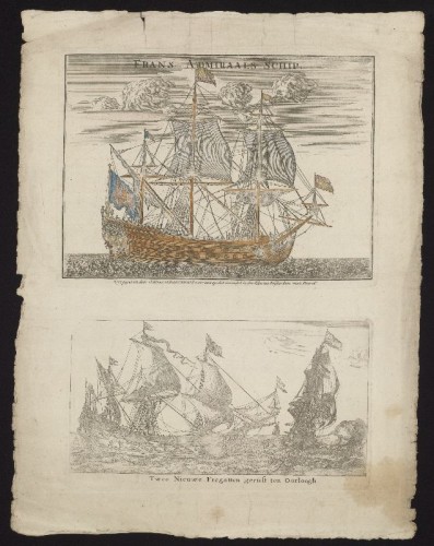 Kopergravure. Een Frans Admiraalsschip en twee fregatten.