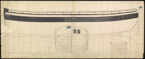 Scheepsbouwtekening van driemast kofschip 'Stad Zwolle' door F.N. van Loon.