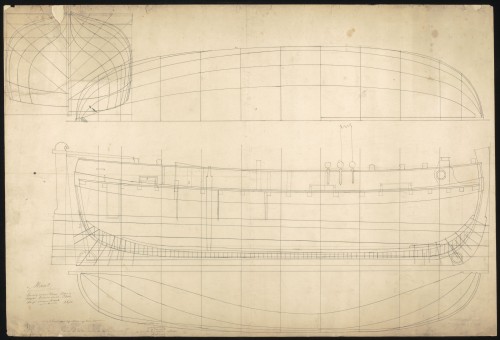 Scheepsbouwtekening van een (vermoedelijke) kanonneerboot door F.N. van Loon.