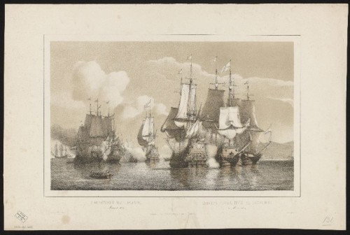 Lithografie. Zeegevecht bij Livorno op 14 maart 1653.