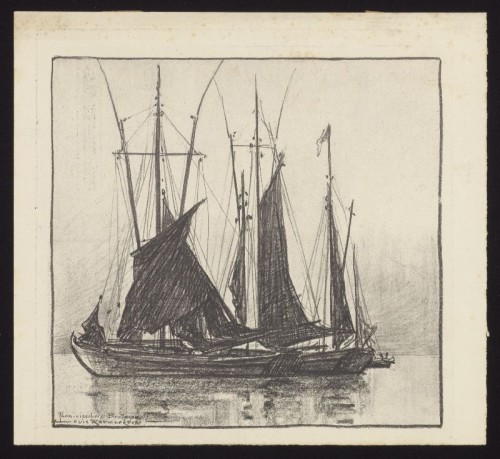 Lithografie met afbeelding van Tonijnvissers uit Bretagne.