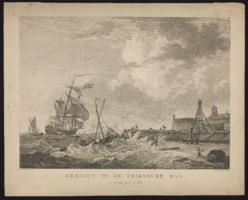 Kopergravure met voorstelling van de Friese kust bij Harlingen.