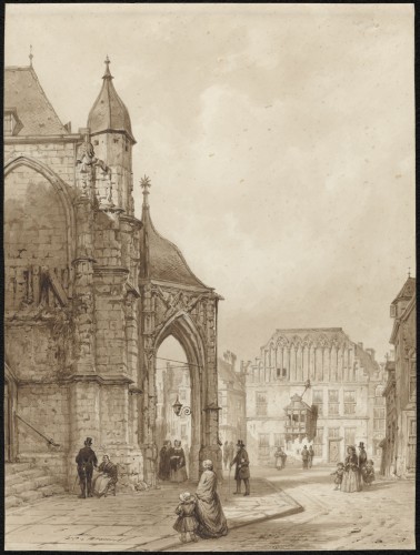 Stadsgezicht. Kerk en markt te Nijmegen