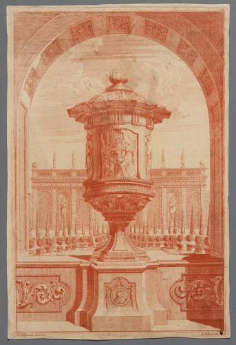 Ornamentprent. Voorbeelden der Lusthof-Cieraaden, zijnde Vaasen, Pedestallen, Orangiebakken, Blompotten En Andere Bijwerken.