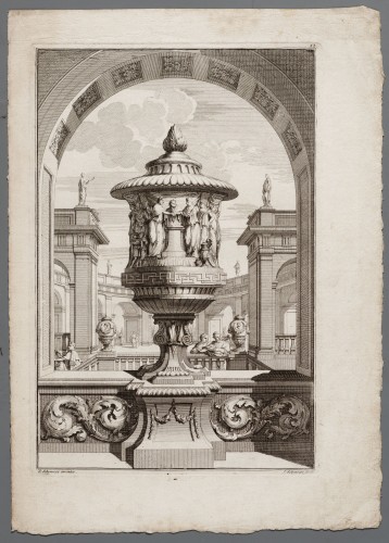 Ornamentprent. Voorbeelden der Lusthof-Cieraaden, zijnde Vaasen, Pedestallen, Orangiebakken, Blompotten En Andere Bijwerken.