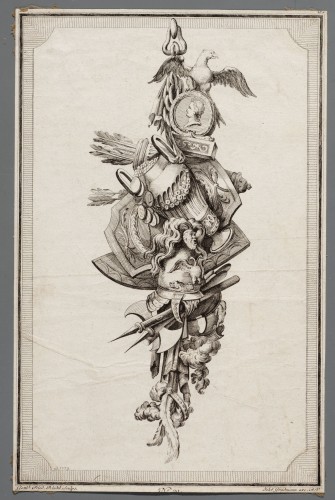 Ornamentprent. Attributs de guerre antiques.