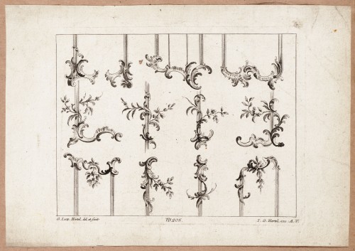 Ornamentprent. Wandpilasters met rocailles en bladranken.