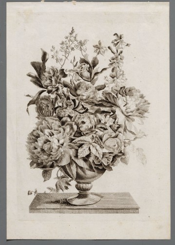 Ornamentprent. Bloemstuk in een vaas.