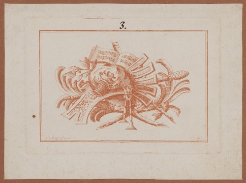 Ornamentprent. Trophé Militaire.