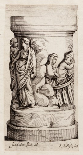 Ornamentprent. Galleria Giustiniana del marchese Vincenzo Giustiniani. Sokkel met drie vrouwen en een man ('Album Podestà u.a.').