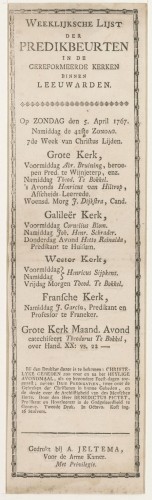 Kerkdiensten op 5 april 1767 te Leeuwarden