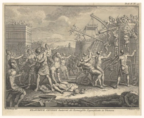 Troepen van Civilis bestormen de Romeinse vesting te Xanten, 69-70