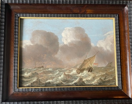 Schilderij, zeestuk, Een onstuimige zee met daarop een aantal schepen