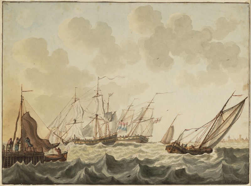 Johannes C. Schotel - Aquarel. Afbeelding van fregat, brik en hektjalk.