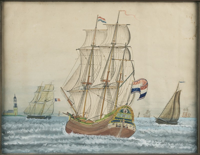 Anonymus - Kopergravure. Zeegezicht met Engelse walvisvaarders.
