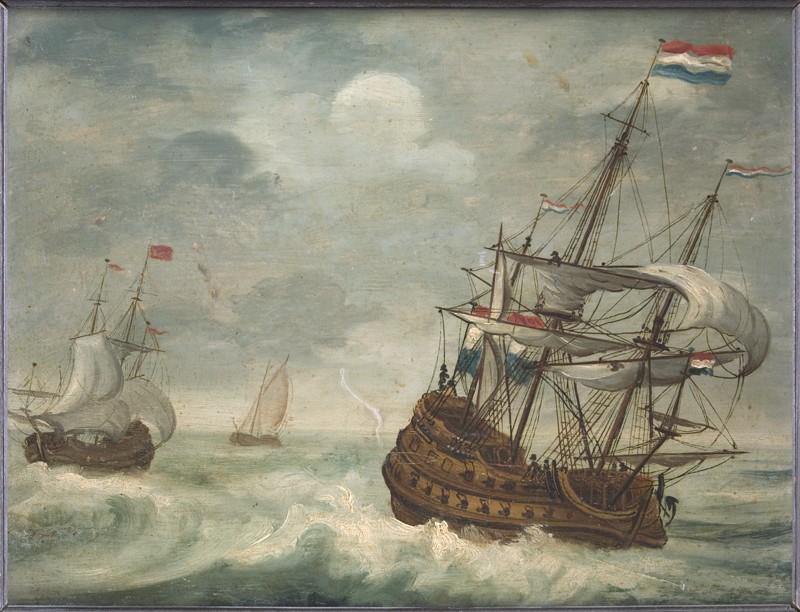 Anonymus - Schilderij. Zeegezicht met fregatten en een beurtschip.