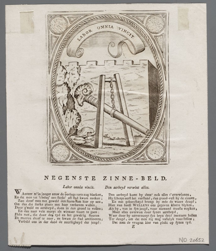 Ornamentprent. Embleem. Idea principis christiano-politici. Labor omnia vincit.
