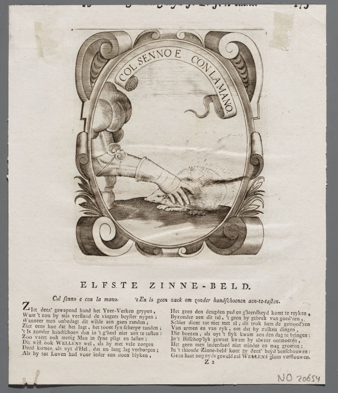Ornamentprent. Embleem. Idea principis christiano-politici. Col senno e con la mano.