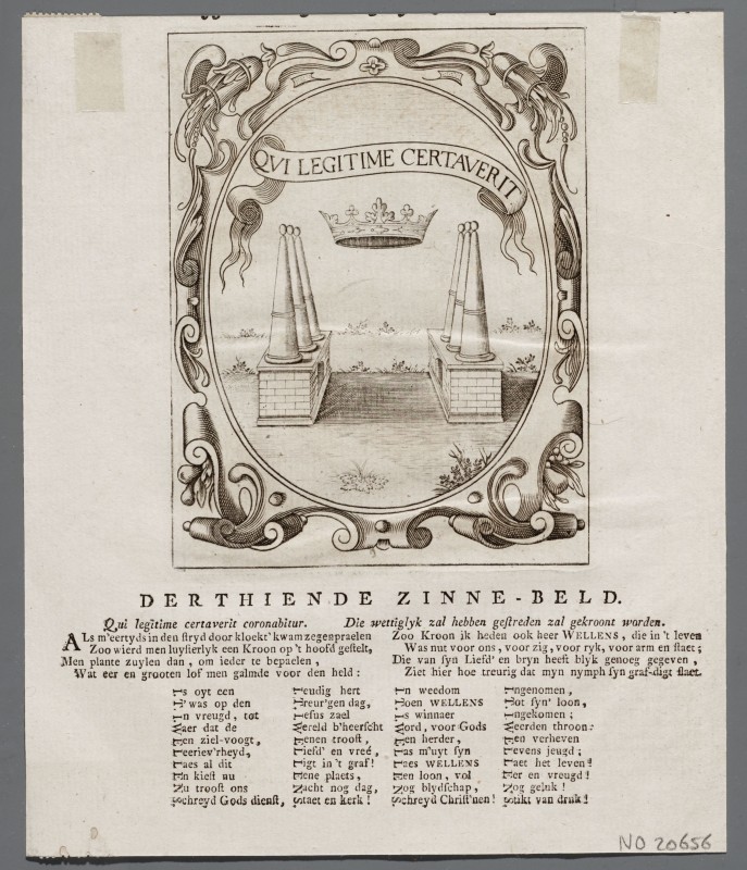 Ornamentprent. Embleem. Idea principis christiano-politici. Qui legitime certaverit.