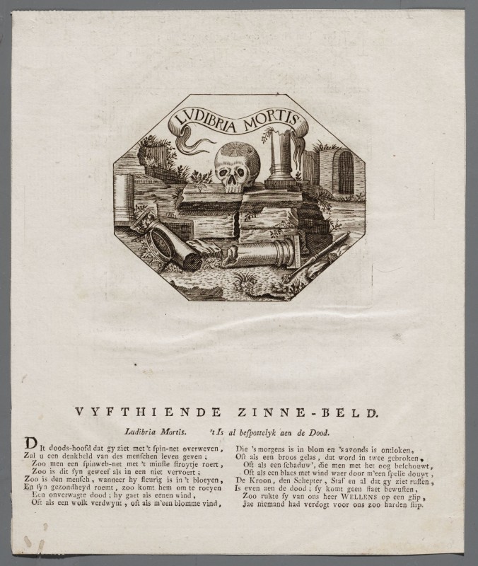 Ornamentprent. Embleem. Idea principis christiano-politici. Ludibria mortis.