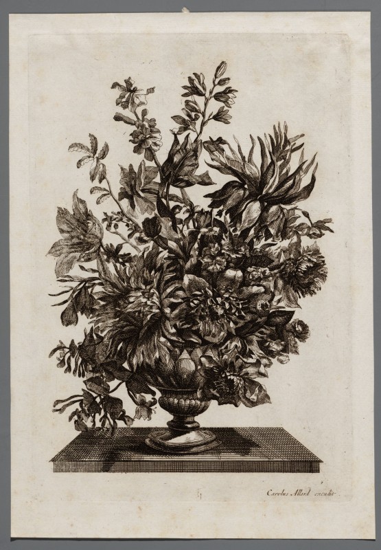 Ornamentprent. Bloemstuk in een vaas.