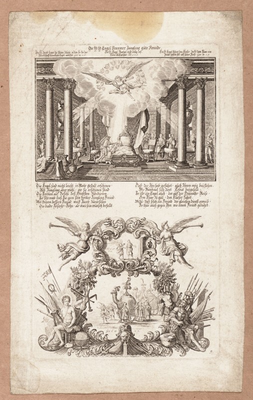 Ornamentprent. Die h. h. Engel Frommer Jüngling güte Freünde.