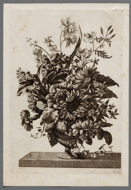 Ornamentprent. Bloemstuk in een vaas.